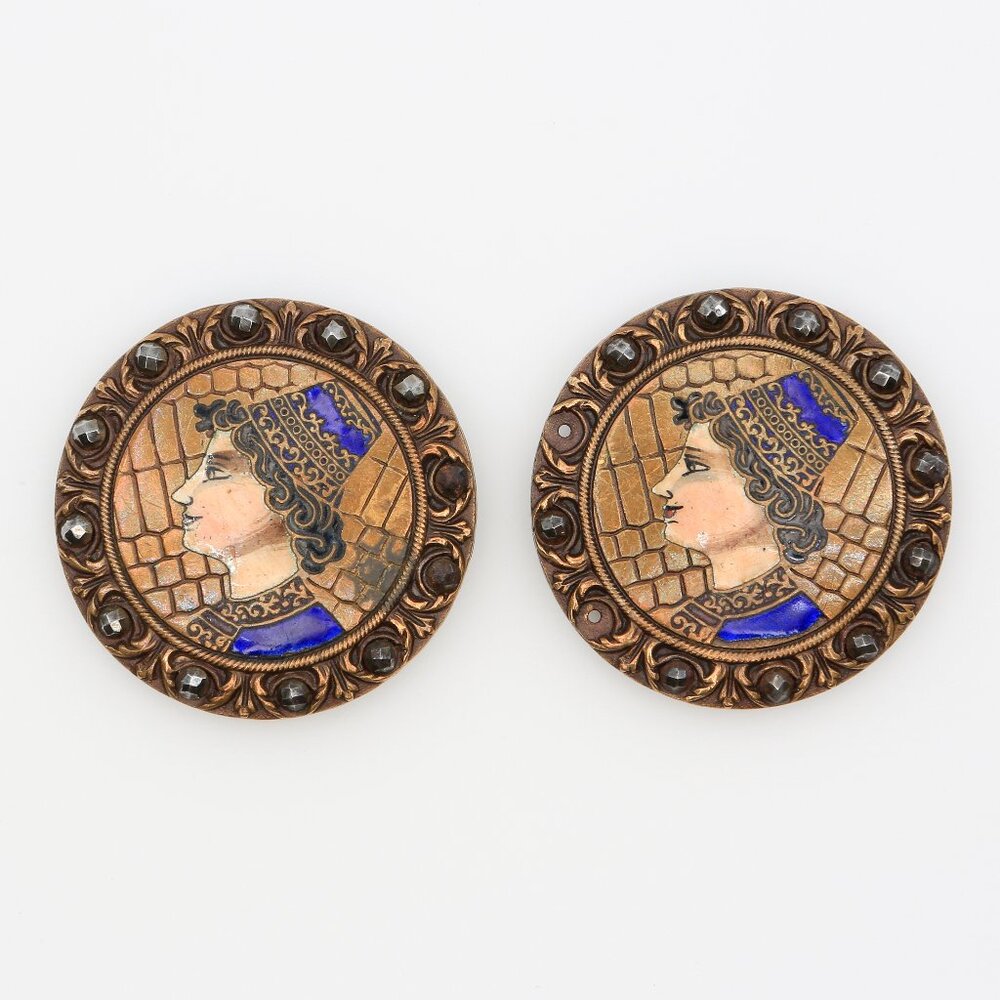 Antique Champleve Renaissance Man’s Head Enamel and Brass Large Buttons 1800s